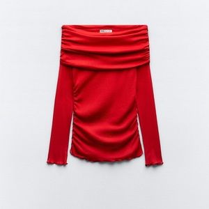 Zara off the shoulder red top - ruched semi sheer cotton top Medium